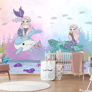Mermaid Wallpaper for girl. Underwater Wallpaper kid room. Mermaid Wall Art. Sea Landscape Wall Print. Nursery Room Decor Marine Decor X413