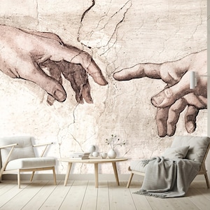 The Сreation of Adam Hands by Michelangelo Wall Mural Fresco, Sepia Renaissance Wallpaper Masterpiece, Cement Retro Wall Paper Decor MM22