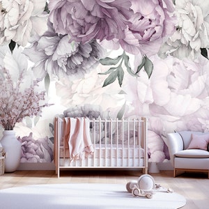 Purple Peony Wallpaper Mural Nursery Girl / Watercolor Peony Wall Art Mural Flower Kid Room Remove Self Adhesive Wallpaper Peel & Stick X615