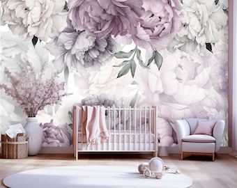 Purple Peony Wallpaper Mural Nursery Girl / Watercolor Peony Wall Art Mural Flower Kid Room Remove Self Adhesive Wallpaper Peel & Stick X615