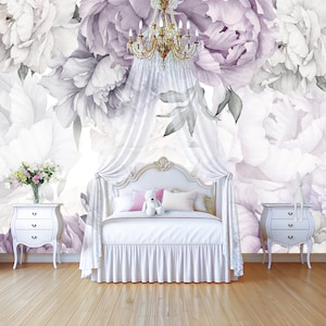 Purple Peony Wallpaper Peel and Stick Baby Girl Nursery, Watercolor Peony Flower Mural Self Adhesive,  Pastel Floral Wall Paper Decor X777