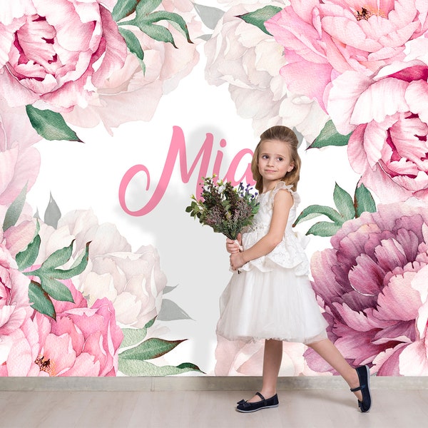 Personalized Peony Wallpaper Baby Girl Room, Pink Peony Flower Wall Mural Peel and Stick Wallpaper, Floral Nursery Removable Wallpaper Kids