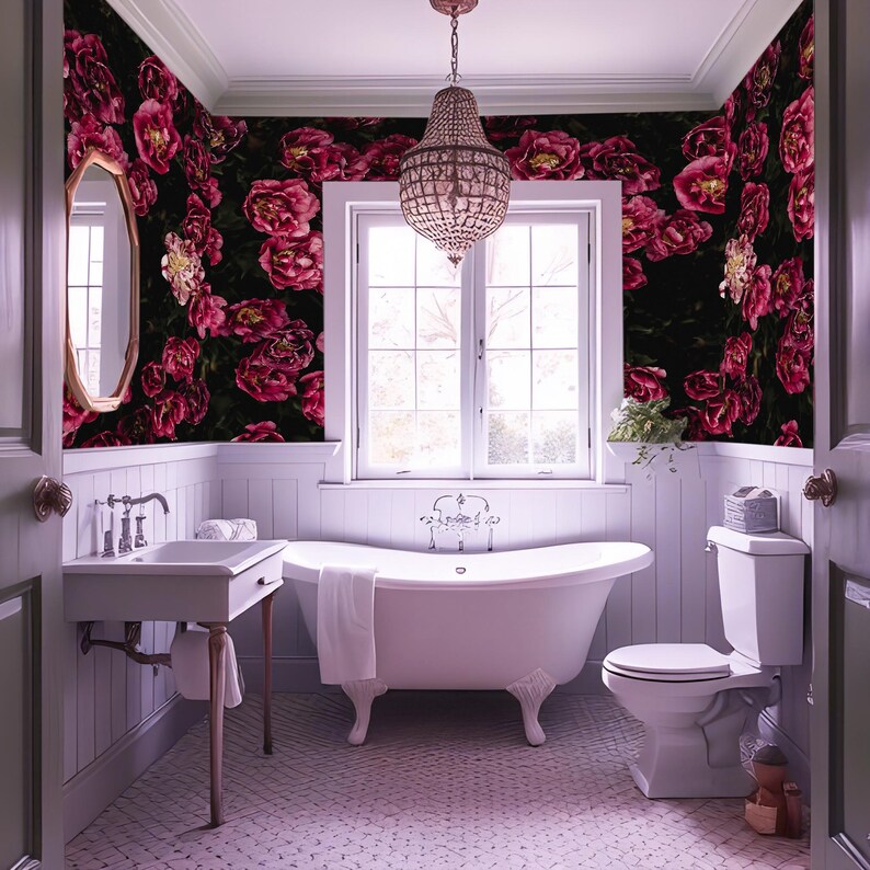 Dark Flower Wallpaper Bedroom. Black Floral Wallpaper Removable. Wallpaper Mural Self Adhesive Wallpaper Pink Peel and Stick Peony X230 image 2
