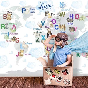 Watercolor World Map Wallpaper for Baby Boy Room, Name Alphabet Animal Wall Mural Toddler Nursery, Blue Adhesive Play Room Wallcovering X951