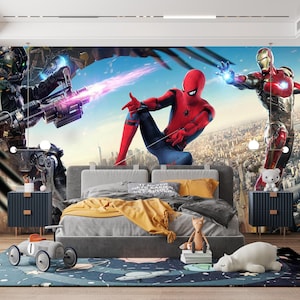 Spiderman Wallpaper Nursery Boy - Superhero New York Wallpaper Playroom - Cityscape Wall Mural Self Adhesive Wallpaper Peel & Stick X350