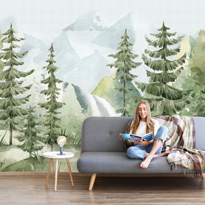 Adventure Forest Wall Mural Peel and Stick Bedroom – Pine Tree & Mountain Landscape Wallpaper for Boys Room Serene Green Forest Wall Decor