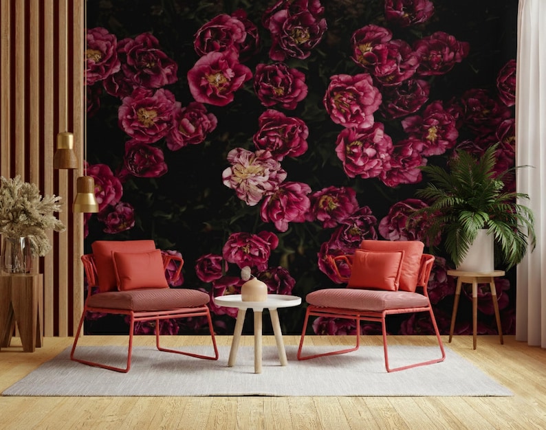 Dark Flower Wallpaper Bedroom. Black Floral Wallpaper Removable. Wallpaper Mural Self Adhesive Wallpaper Pink Peel and Stick Peony X230 image 3