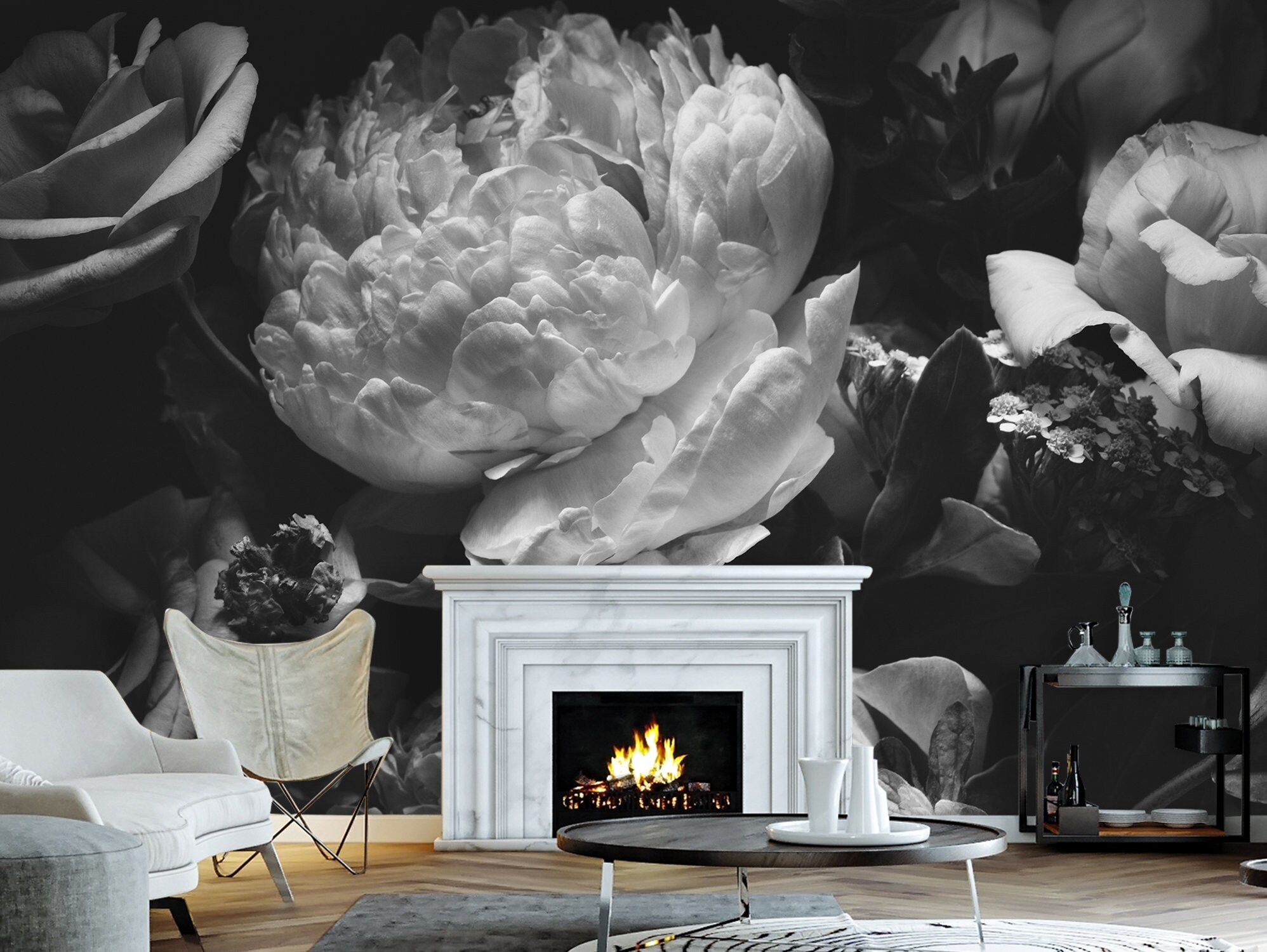 Large Peony Flower Wallpaper Black and White. Dark Floral - Etsy