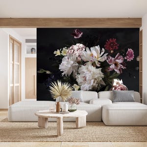 Peony Flower Wallpaper Peel and stick / Peonies Luxury Wall Mural  / Dark Floral Headboard Panels / Adhesive Wallpaper Non-Woven Black X822