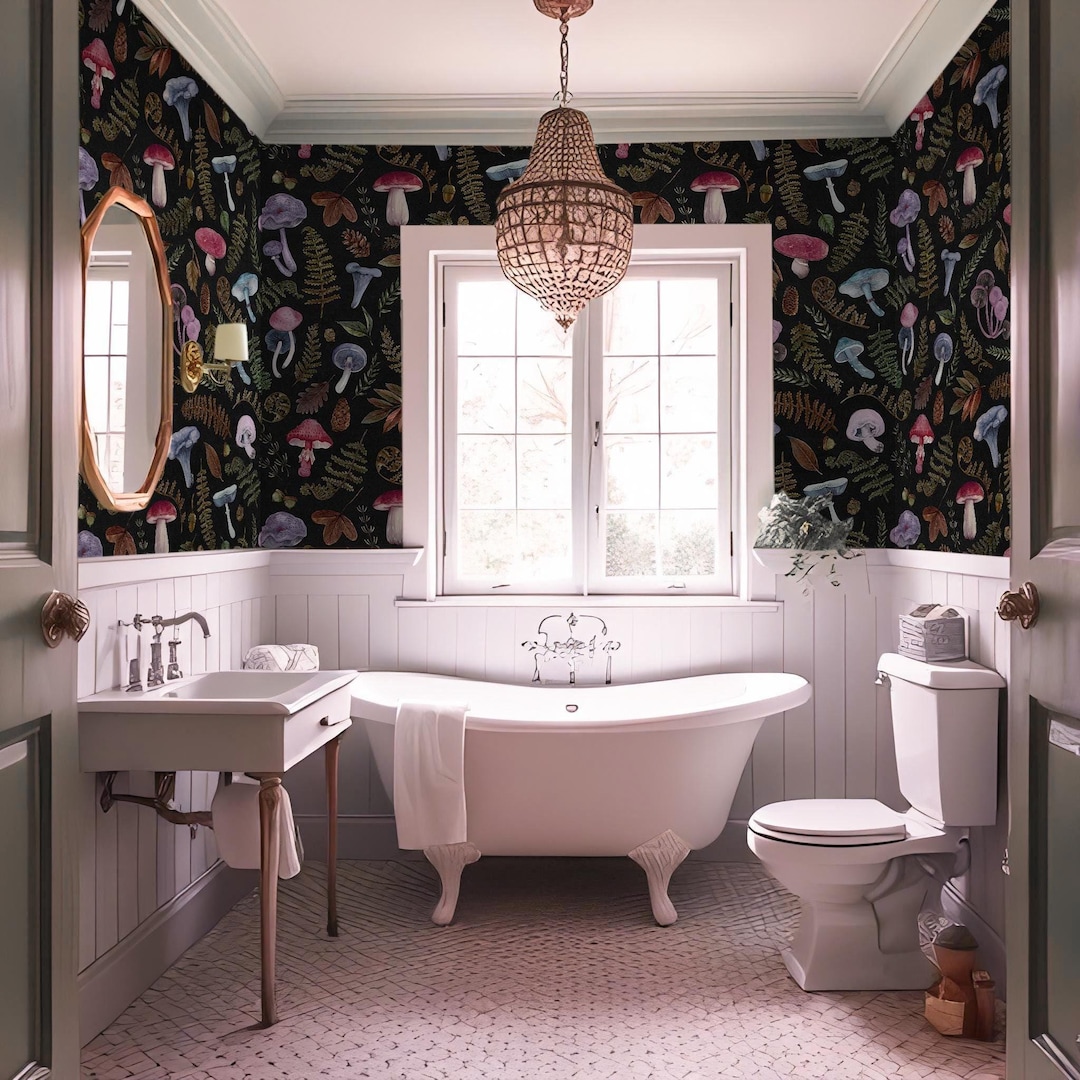 Dark Botanical Mushroom Wallpaper Peel and Stick Bathroom, Magic Forest ...