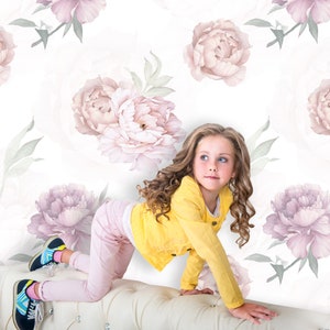 Peony Flower Wallpaper Roll for Girl Nursery, Large Floral Wallpaper Panel Peel Stick, Watercolor Accent Wall Mural Bedroom Beauty Salon XC8