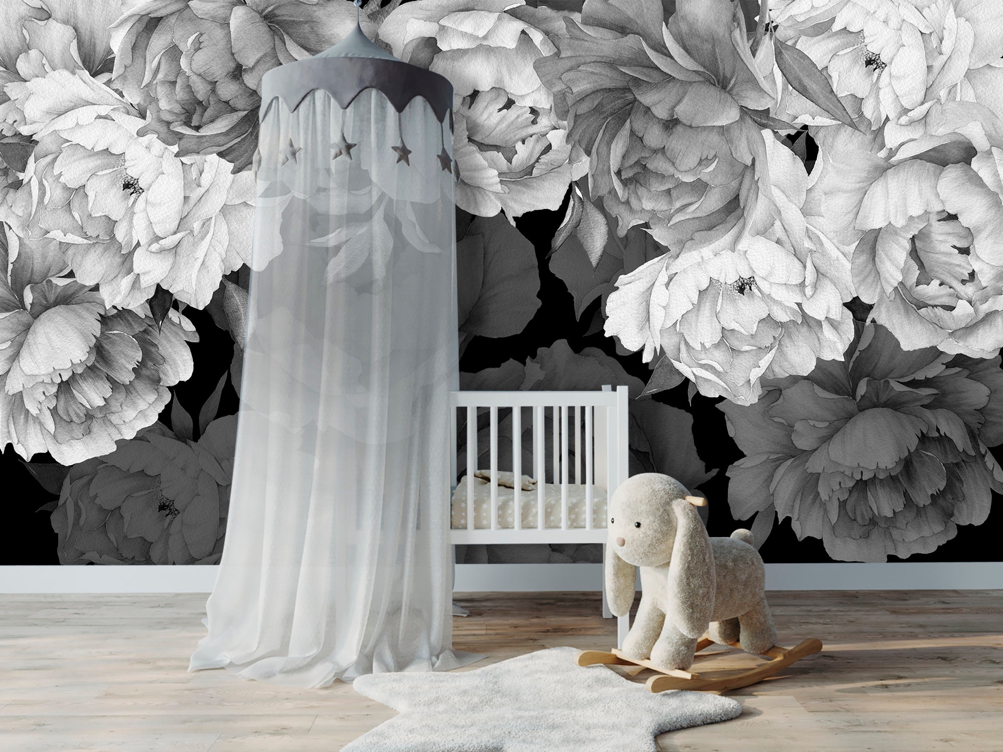 Peony Wallpaper Black and White Nursery Girl Peony Floral Etsy