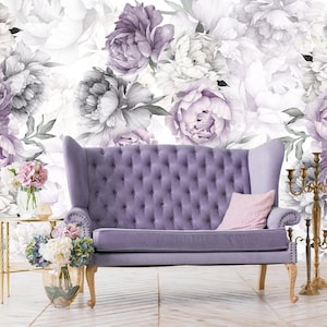 Purple Peony Wallpaper Mural Nursery Girl. Pastel Peony Wall Art Flower Wallpaper Kid Room Remove Self Adhesive Wallpaper Peel & Stick X647