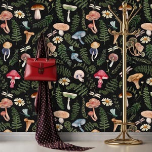 Dark Botanical Wallpaper Peel and Stick Mushroom Wallpaper Roll, Magic Forest Wallpaper Nursery Wall Mural Removable Adhesive Bedroom XC51