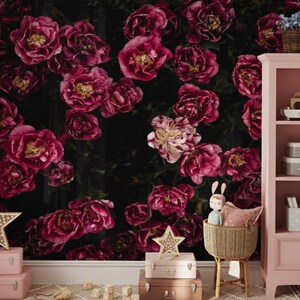 Dark Flower Wallpaper Bedroom. Black Floral Wallpaper Removable. Wallpaper Mural Self Adhesive Wallpaper Pink Peel and Stick Peony X230 image 4
