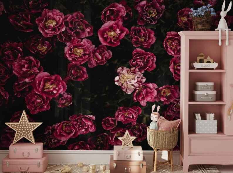 Dark Flower Wallpaper Bedroom. Black Floral Wallpaper Removable. Wallpaper Mural Self Adhesive Wallpaper Pink Peel and Stick Peony X230 image 4