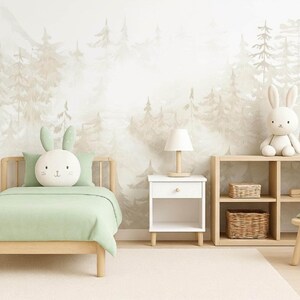 Pine Forest Wallpaper Woodland Neutral Nursery, Whimsical Wall Mural Toddler Boy Girl Room, Hunting Decor Playroom with Ombre Mountains X101 bild 4