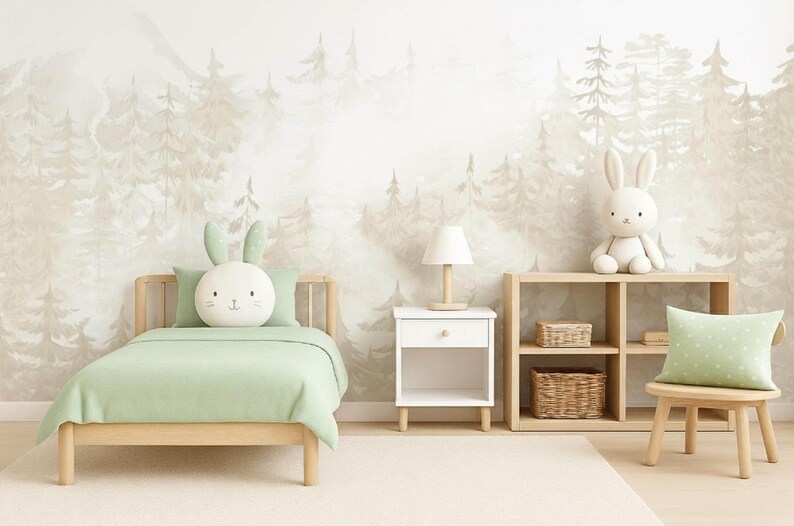 Pine Forest Wallpaper Woodland Neutral Nursery, Whimsical Wall Mural Toddler Boy Girl Room, Hunting Decor Playroom with Ombre Mountains X101 bild 4