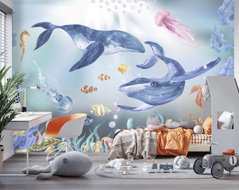 Underwater Wallpaper Baby Boy Room, Watercolor Ocean Nursery Wall Mural, Accent Decor Toddler PlayRoom, Sea Landscape Wall Paper Marine X80