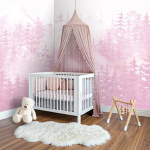 Pink Foggy Forest Wallpaper Girl Mountain Nursery, Magical Mountains Wall Paper Toddler Room Decor Woodland Baby Wall Mural Adhesive X109