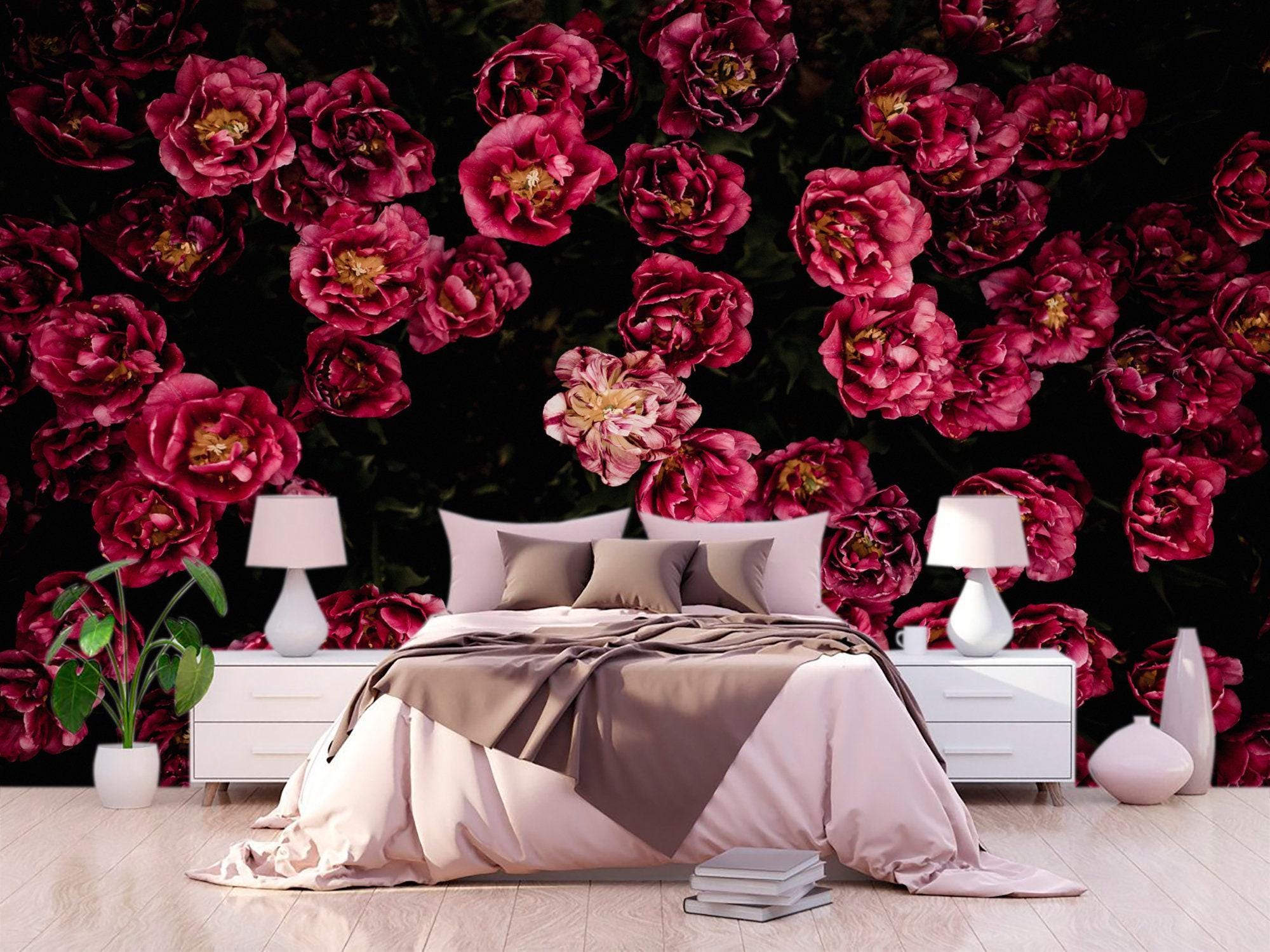 Dark Flower Wallpaper Bedroom.  Black Floral Wallpaper Removable. Wallpaper Mural Self Adhesive Wallpaper Pink Peel and Stick Peony X230
