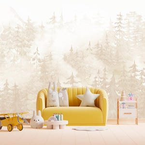 Pine Forest Wallpaper Woodland Neutral Nursery, Whimsical Wall Mural Toddler Boy Girl Room, Hunting Decor Playroom with Ombre Mountains X101 bild 7