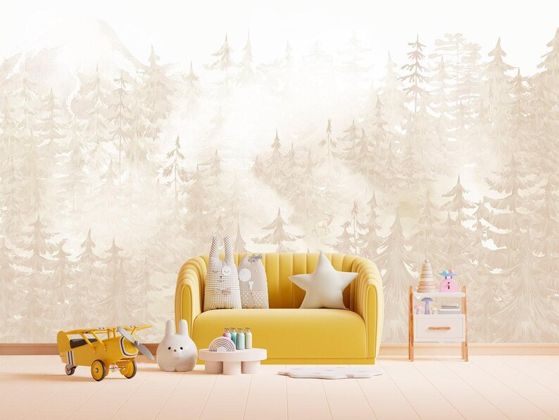 Pine Forest Wallpaper Woodland Neutral Nursery, Whimsical Wall Mural Toddler Boy Girl Room, Hunting Decor Playroom with Ombre Mountains X101 bild 7