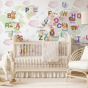 Pink World Map Wallpaper for Girls Nursery, Personalized Alphabet Wallpaper Watercolor Animals, Peel & Stick Self-Adhesive Wall Mural X938