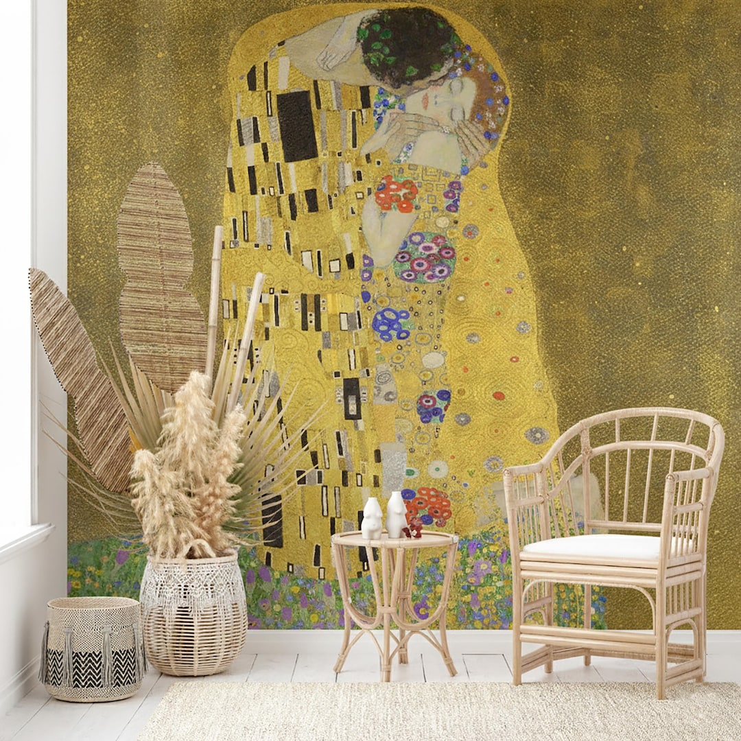Kiss by Gustav Klimt Wall Mural, Golden Art Nouveau Wallpaper, Romantic ...