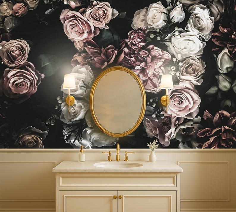 Watercolor Flower Wallpaper Bedroom. Dark Floral Wallpaper Removable Wallpaper Mural. Self Adhesive Wallpaper. Peel and Stick Wallpaper X183 imagen 4