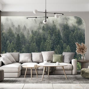 Foggy Forest Wallpaper Peel and Stick, Outlander Woodland Wallpaper Landscape Wall Mural Bedroom, Cloud Ombre Mountain Wall Paper Mural X423