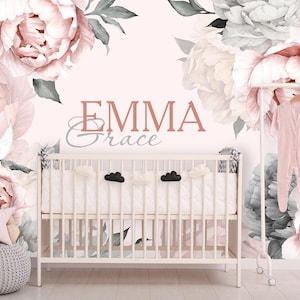 Personalized Peony Wall Mural Baby Girl Room. Watercolor Peonies Flower Wallpaper Nursery. Pink Floral Wallpaper Remove Self Adhesive X864