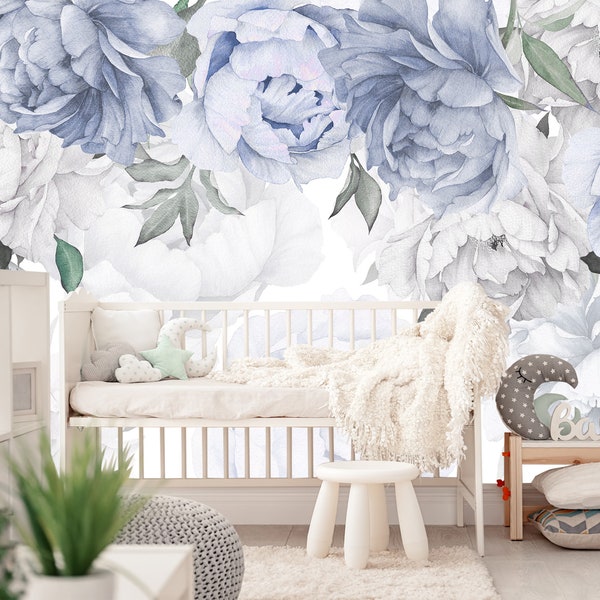 Blue Peony Flower Wallpaper for Girl Bedroom. Large Floral Wall Mural. Accent Removable Self Adhesive Wallpaper Peel & Stick Nursery X897