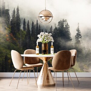 Forest Wallpaper Mountain Mural Fog Wallpaper Landscape Wall Art Cloud Wallpaper Peel & Stick Green Wallpaper Woodland Ombre Wall Decor X424
