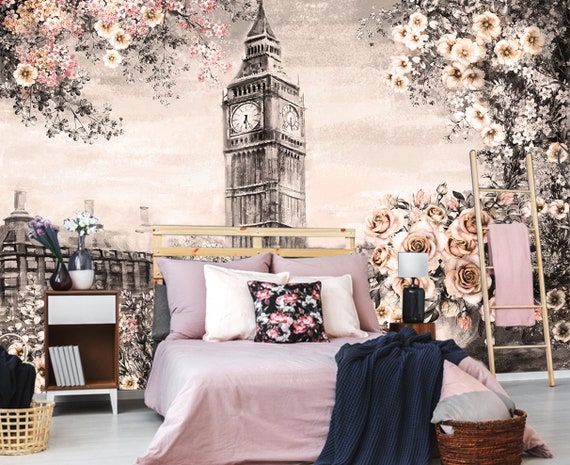 London Wallpaper Big Ben View Flower Landscape Wallpaper Removable Wallpaper Mural Self Adhesive Wallpaper Peel And Stick Wallpaper X228