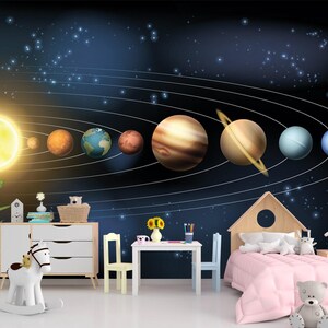 Space Wallpaper Peel and Stick Nursery, Solar System Wallpaper Galaxy Dark Wall Mural Removable, Universe Wall Decor Kids Room Adhesive X186