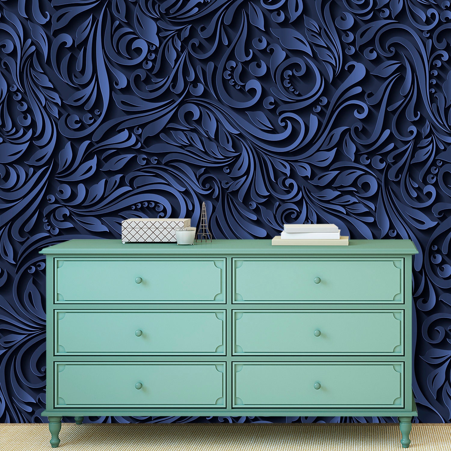 Navy Blue Floral Wallpaper 3D. Dark Gorgeous Wallpaper. Luxury | Etsy