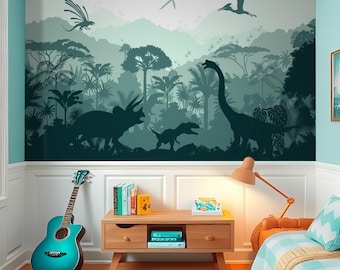 Dinosaur Jungle Wallpaper Peel and Stick Nursery, Dark Green Forest Dino Wall paper Mural,  Prehistoric Scene Art for Kids' Room or Playroom