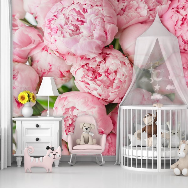 Pink Peony Wallpaper Baby Girl Nursery, Flower Wallpaper Kids Room, Pink Floral Wallpaper Peel and Stick Wall Mural Playroom Bedroom X817