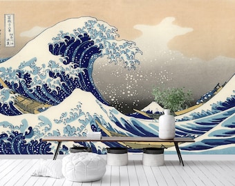 The Great Wave off Kanagawa Wall Mural Katsushika, Hokusai Wallpaper Masterpiece, Retro Wall Art Great Wave Decor Bedroom, Living Room X149