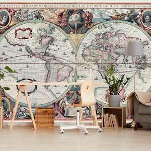 Old World Map Wallpaper Office/ Accent Wall Mural Caffe/ Ancient Wallpaper Map Sticker / Adhesive Wallpaper Peel Stick Map Living Room X579