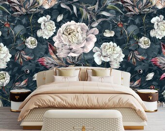 Dark Floral Wallpaper Girl Bedroom. Flower Peony Wallpaper Non Woven. Peel and Stick Removable Wallpaper Mural. Self Adhesive Wallpaper X276