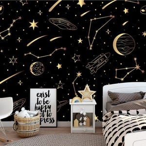 Black Space Wallpaper for Kids Play Room. Сonstellation Map Nursery Wallpaper. Galaxy Wall Mural Kids Room Peel & Stick Adhesive Class X373