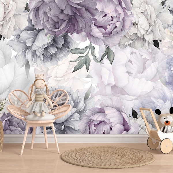 Peony Wallpaper Mural Nursery Girl. Purple Blue Bedroom Peonies Wall Art Flower Wallpaper  Remove Self Adhesive Wallpaper Peel & Stick X876