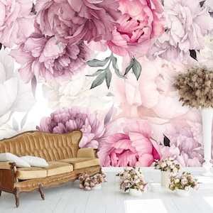 Bright Pink Peony Flower Wallpaper Girl Nursery, Peonies Wall Art Kids, Pastel Floral Removable, Self Adhesive Wallpaper Peel & Stick X715