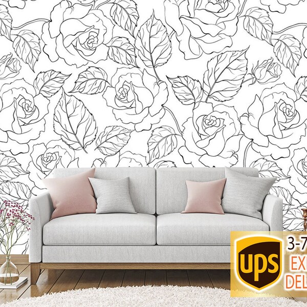 Floral Removable Wallpaper Black and White Etsy