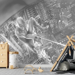 Spiderman Black and White Wallpaper Boy Room, Superhero Nursery Wall Mural Removable, Playroom Self Adhesive Wallpaper Peel and Stick X895