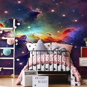 Rainbow Galaxy Wall Mural Classroom, Dark Space Wallpaper Kids Room, Accent Wallpaper Peel Stick, Adhesive Wallcovering Nursery Bedroom X58