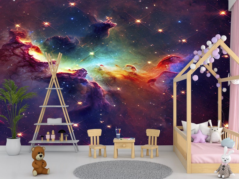 Rainbow Galaxy Wall Mural Classroom Dark Space Wallpaper Kids Etsy