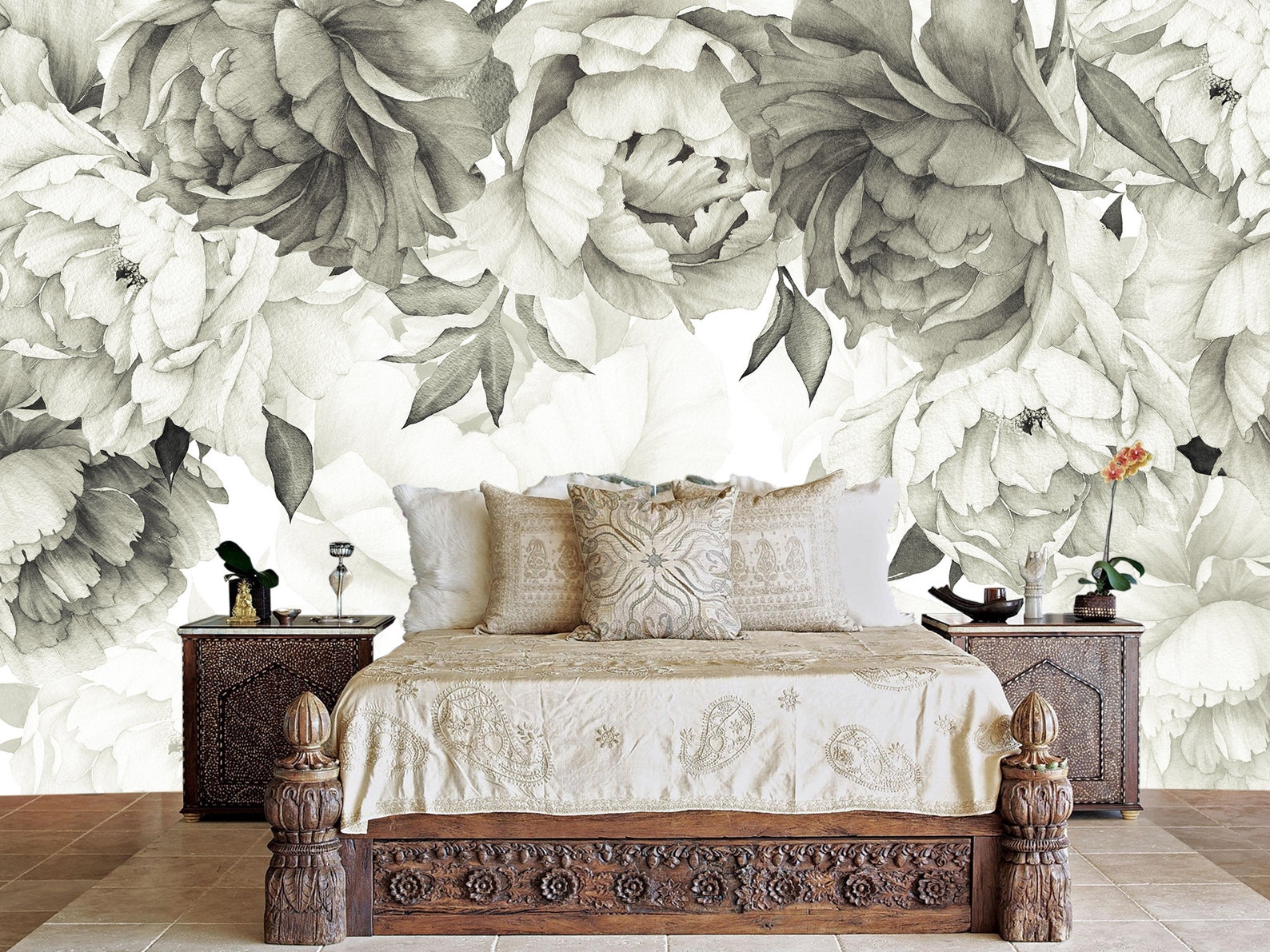 Grey Peony Wallpaper Black and White. Peony Floral Wall Decor Etsy